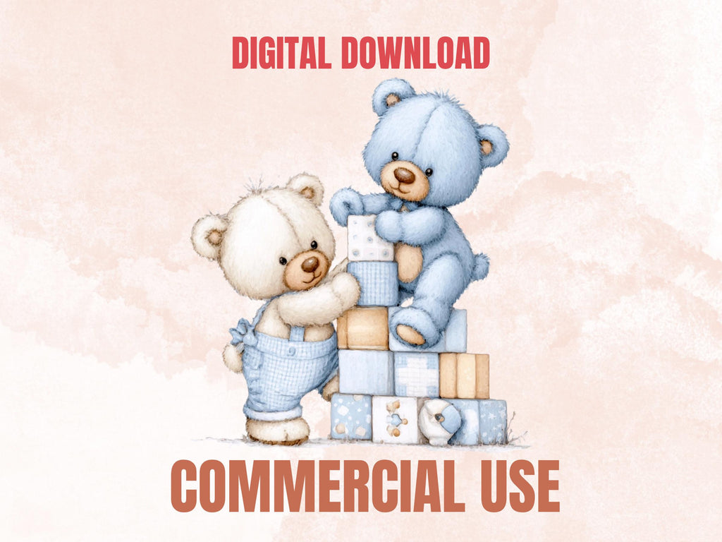 Watercolor Blue Teddy Bear Clipart | 42 Whimsical Quirky Bear PNG | Nursery Baby Shower Boy Download