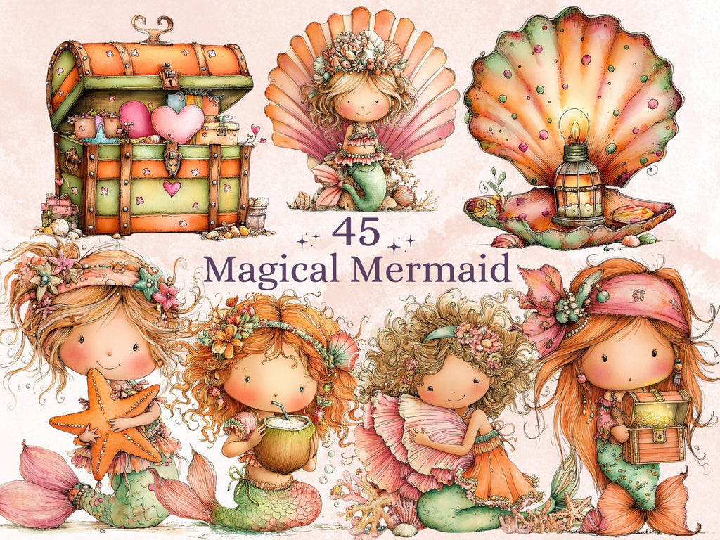 Magical Mermaid Clipart| 45 Whimsical Magical Underwater PNG | Watercolor Fantasy Ocean Download