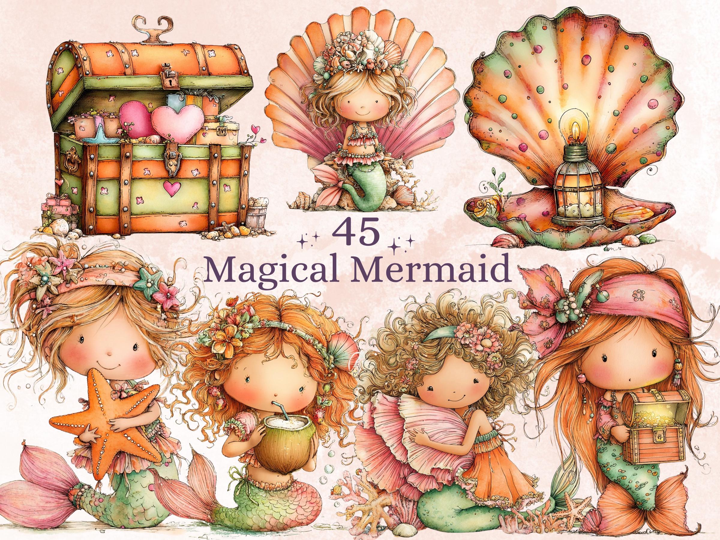 Magical Mermaid Clipart| 45 Whimsical Magical Underwater PNG | Watercolor Fantasy Ocean Download