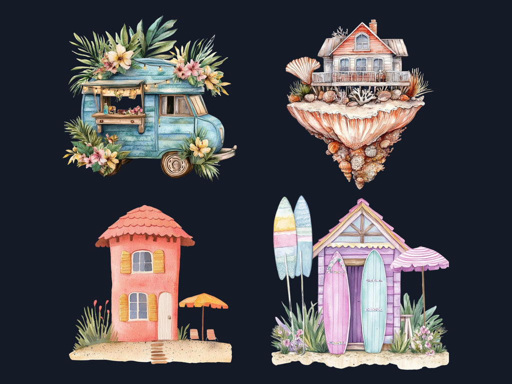 Quirky Summer Houses Clipart | 40 Whimsical Beach House PNG | Cottage Digital Download
