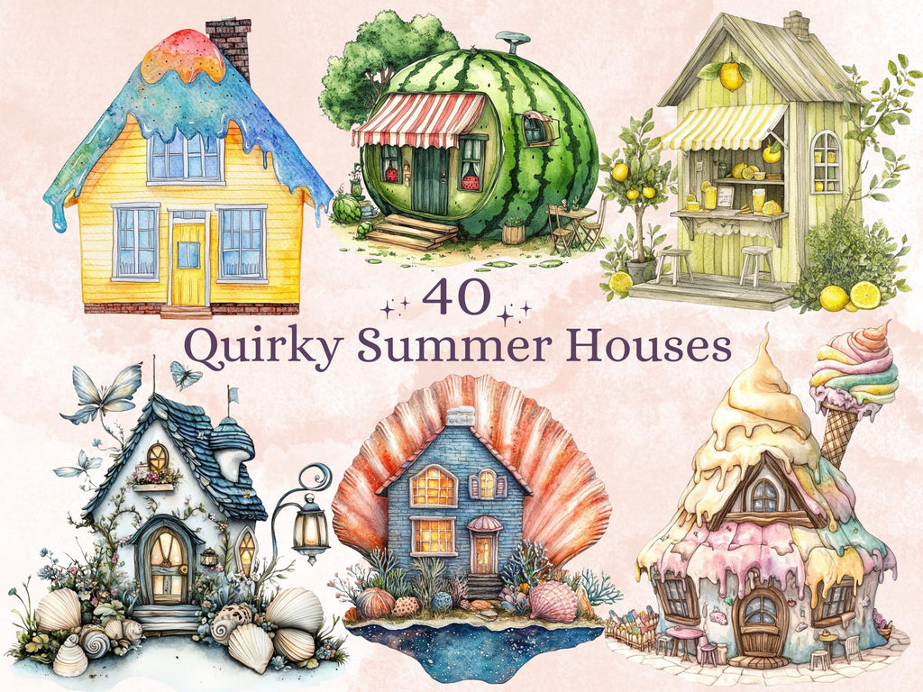 Quirky Summer Houses Clipart | 40 Whimsical Beach House PNG | Cottage Digital Download