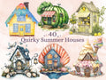 Quirky Summer Houses Clipart | 40 Whimsical Beach House PNG | Cottage Digital Download