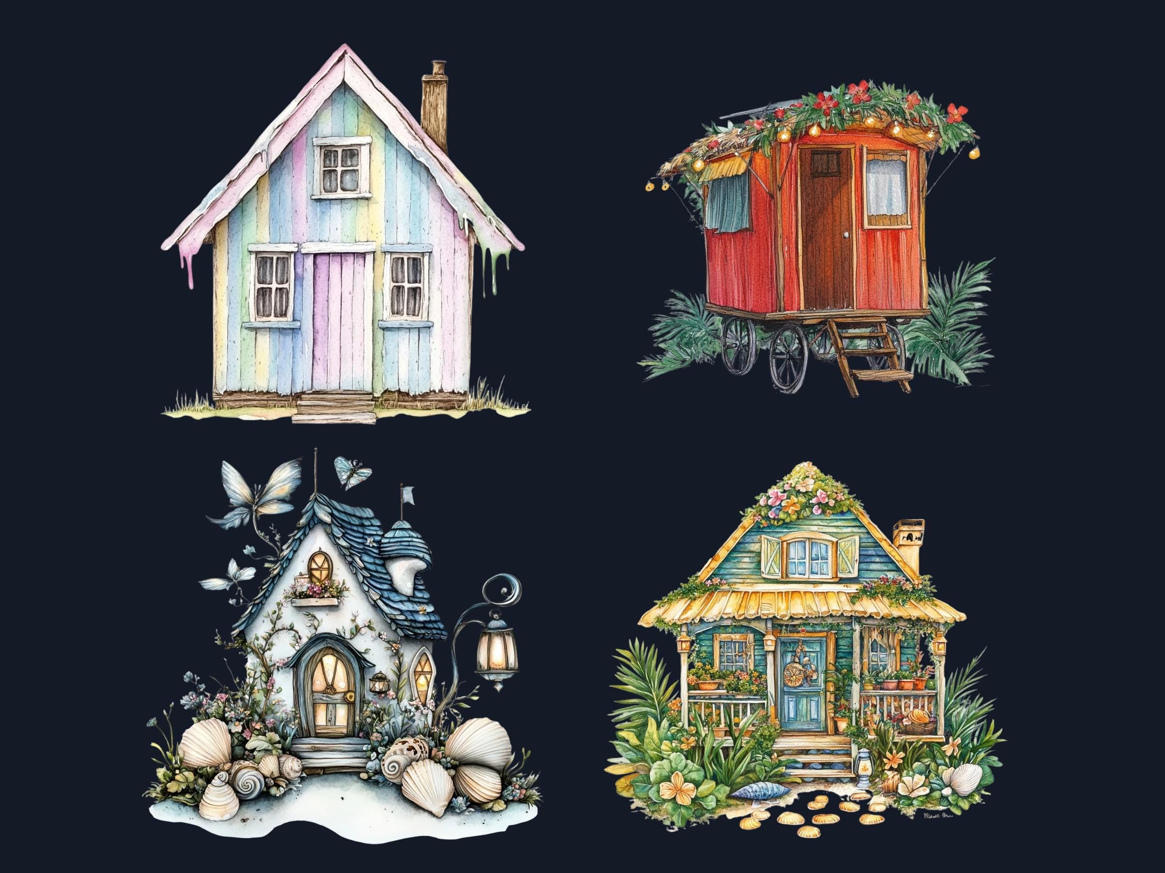 Quirky Summer Houses Clipart | 40 Whimsical Beach House PNG | Cottage Digital Download