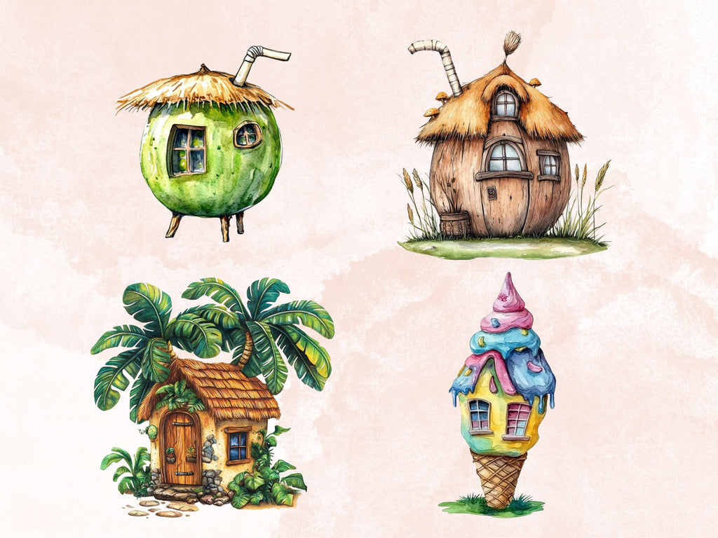 Quirky Summer Houses Clipart | 40 Whimsical Beach House PNG | Cottage Digital Download