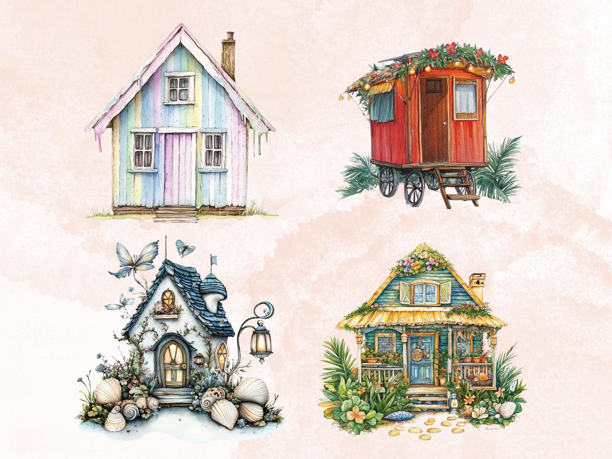 Quirky Summer Houses Clipart | 40 Whimsical Beach House PNG | Cottage Digital Download