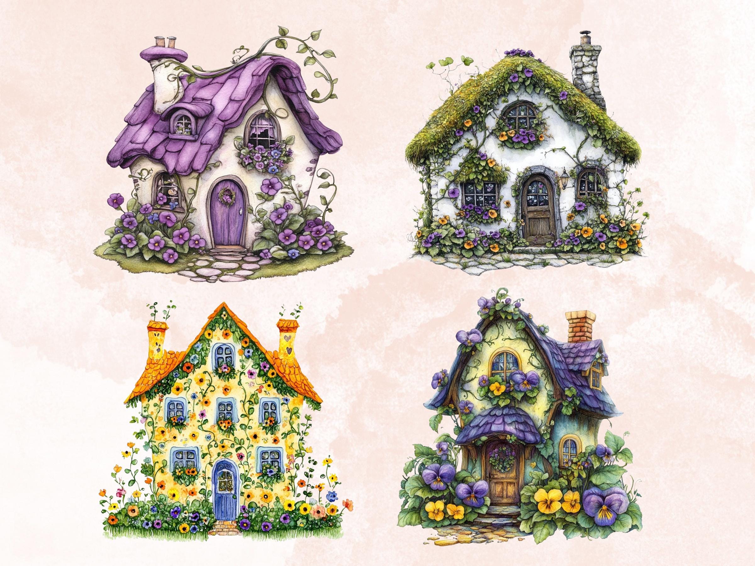Quirky Floral Houses Clipart | 42 Whimsical Home with Flowers PNG | Cottage Garden Digital Download