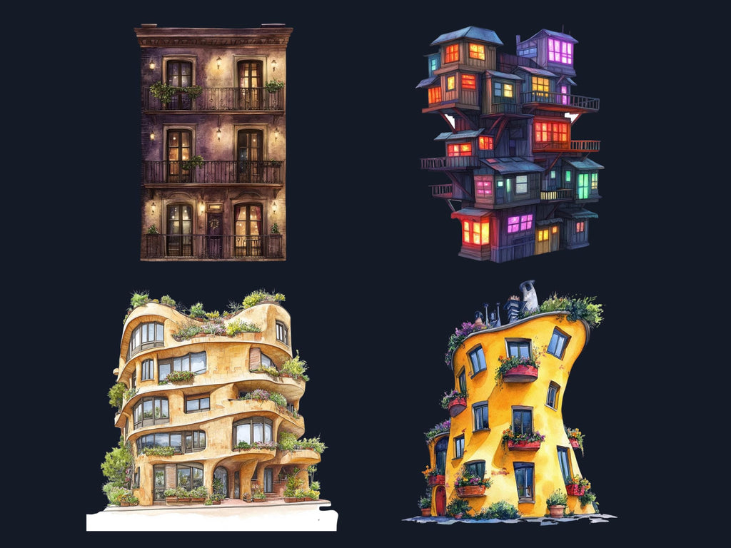 Fantasy Apartments Clipart | 42 Whimsical Quirky City PNG | Magical Home Digital Download