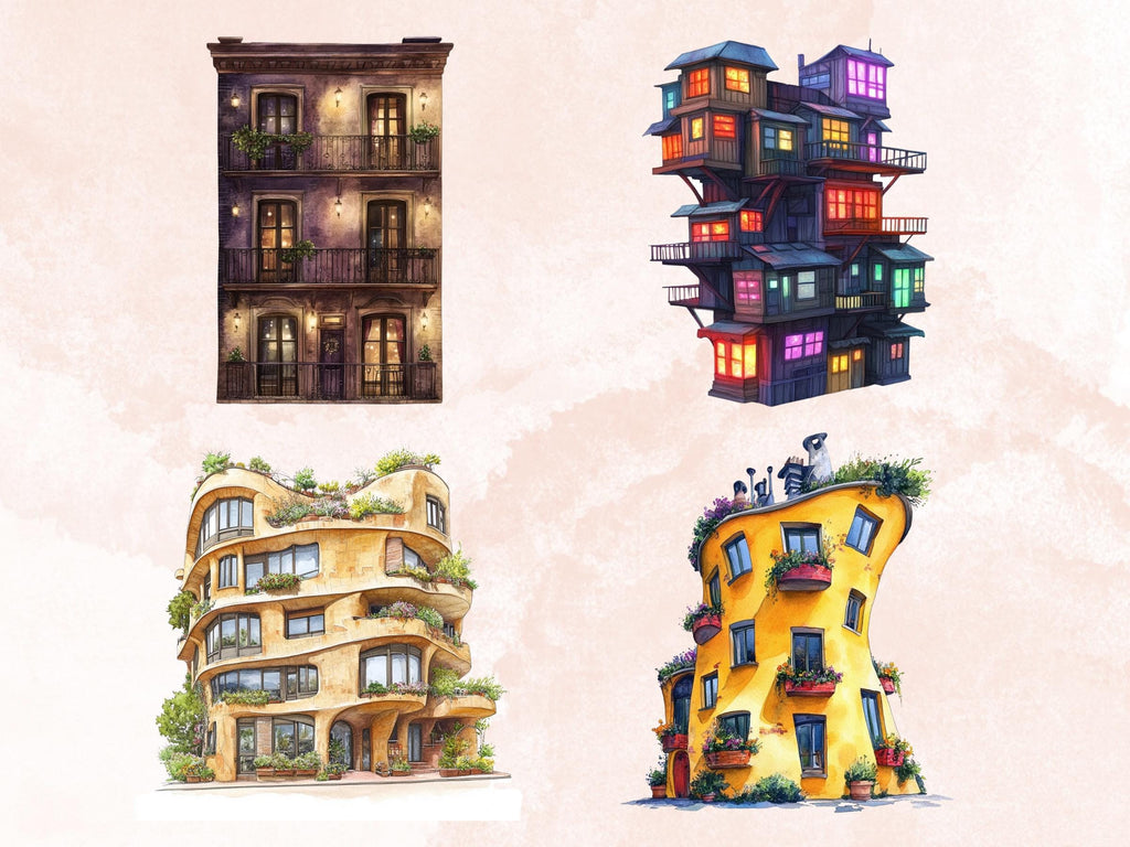 Fantasy Apartments Clipart | 42 Whimsical Quirky City PNG | Magical Home Digital Download