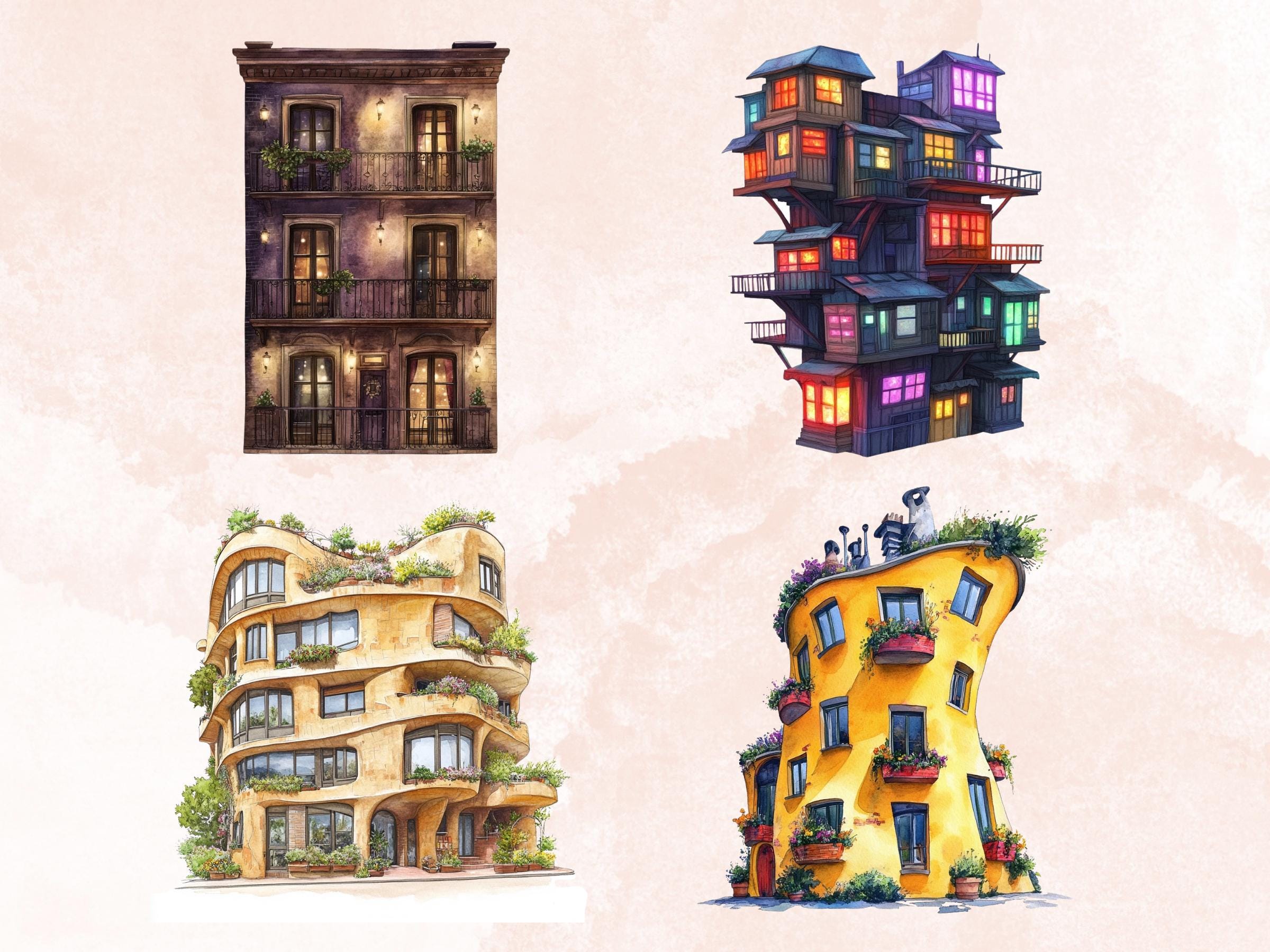 Fantasy Apartments Clipart | 42 Whimsical Quirky City PNG | Magical Home Digital Download