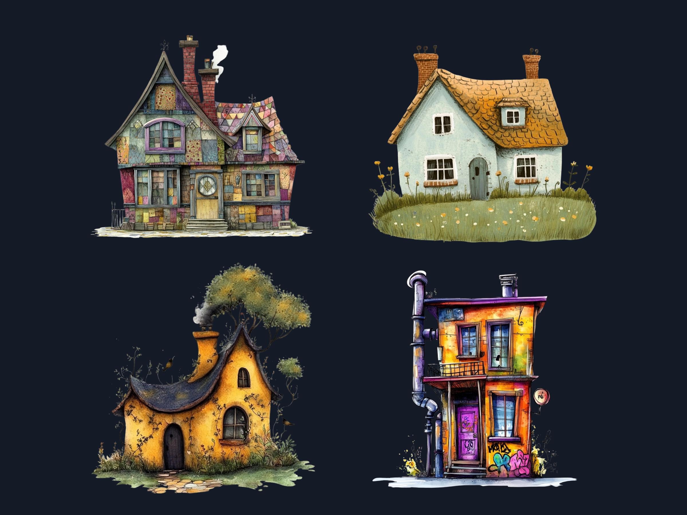 Grunge Houses Clipart | 40 Urban Distressed House PNG | Quirky Home Digital Download