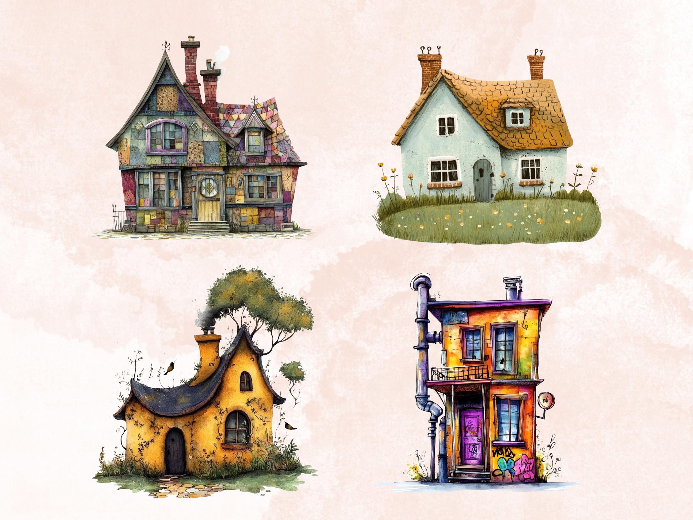 Grunge Houses Clipart | 40 Urban Distressed House PNG | Quirky Home Digital Download
