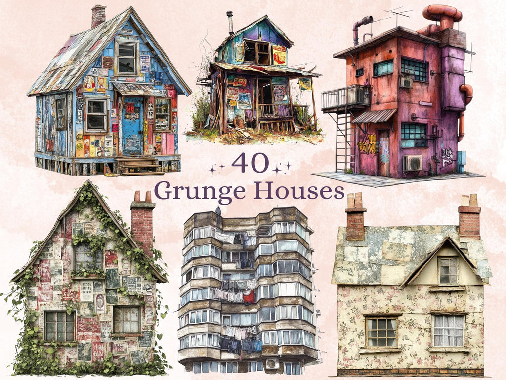 Grunge Houses Clipart | 40 Urban Distressed House PNG | Quirky Home Digital Download