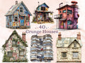 Grunge Houses Clipart | 40 Urban Distressed House PNG | Quirky Home Digital Download