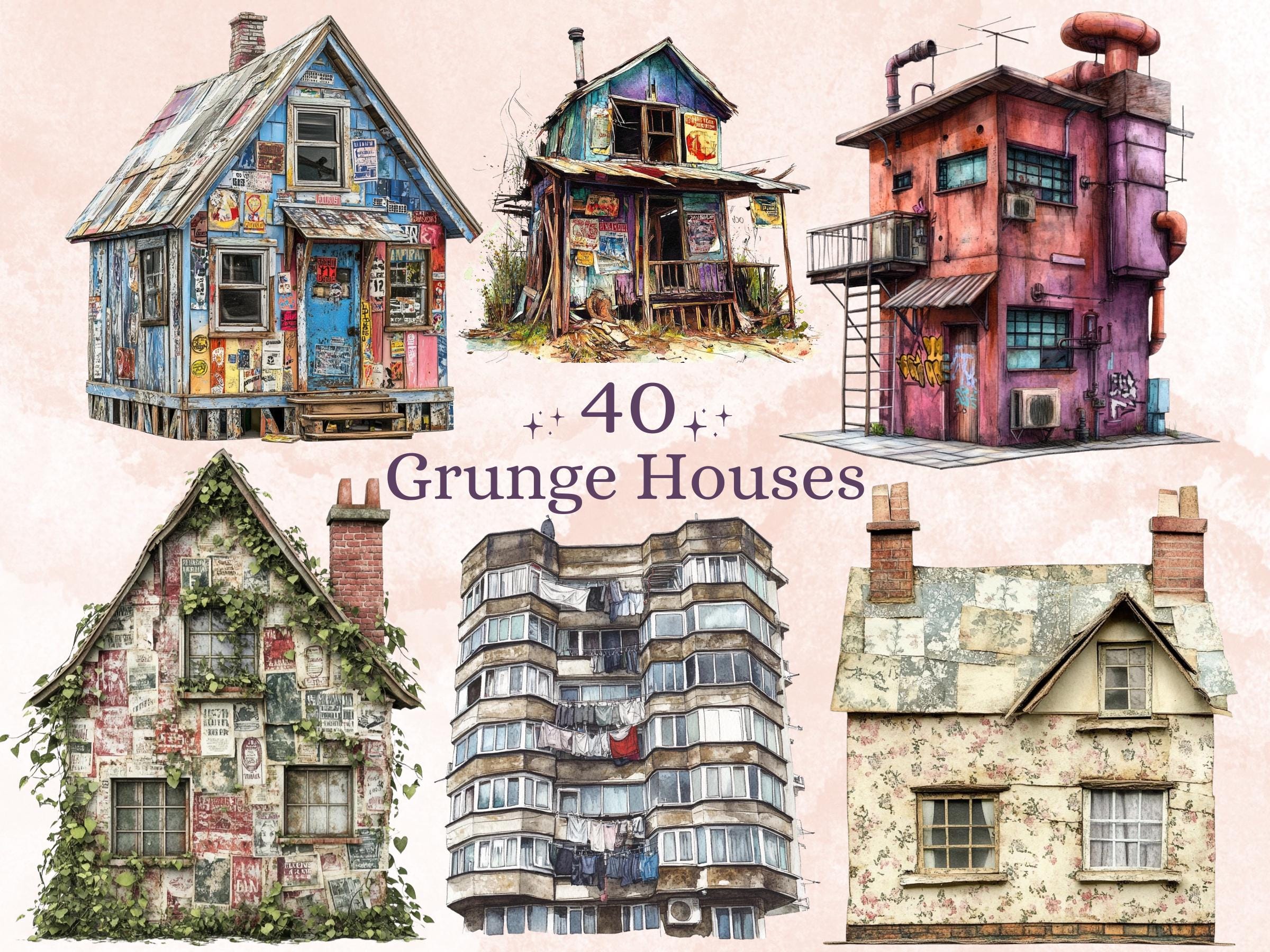 Grunge Houses Clipart | 40 Urban Distressed House PNG | Quirky Home Digital Download