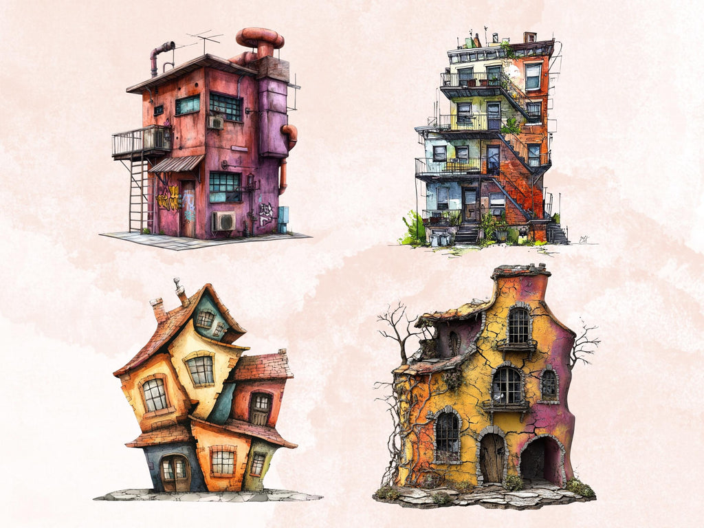 Grunge Houses Clipart | 40 Urban Distressed House PNG | Quirky Home Digital Download