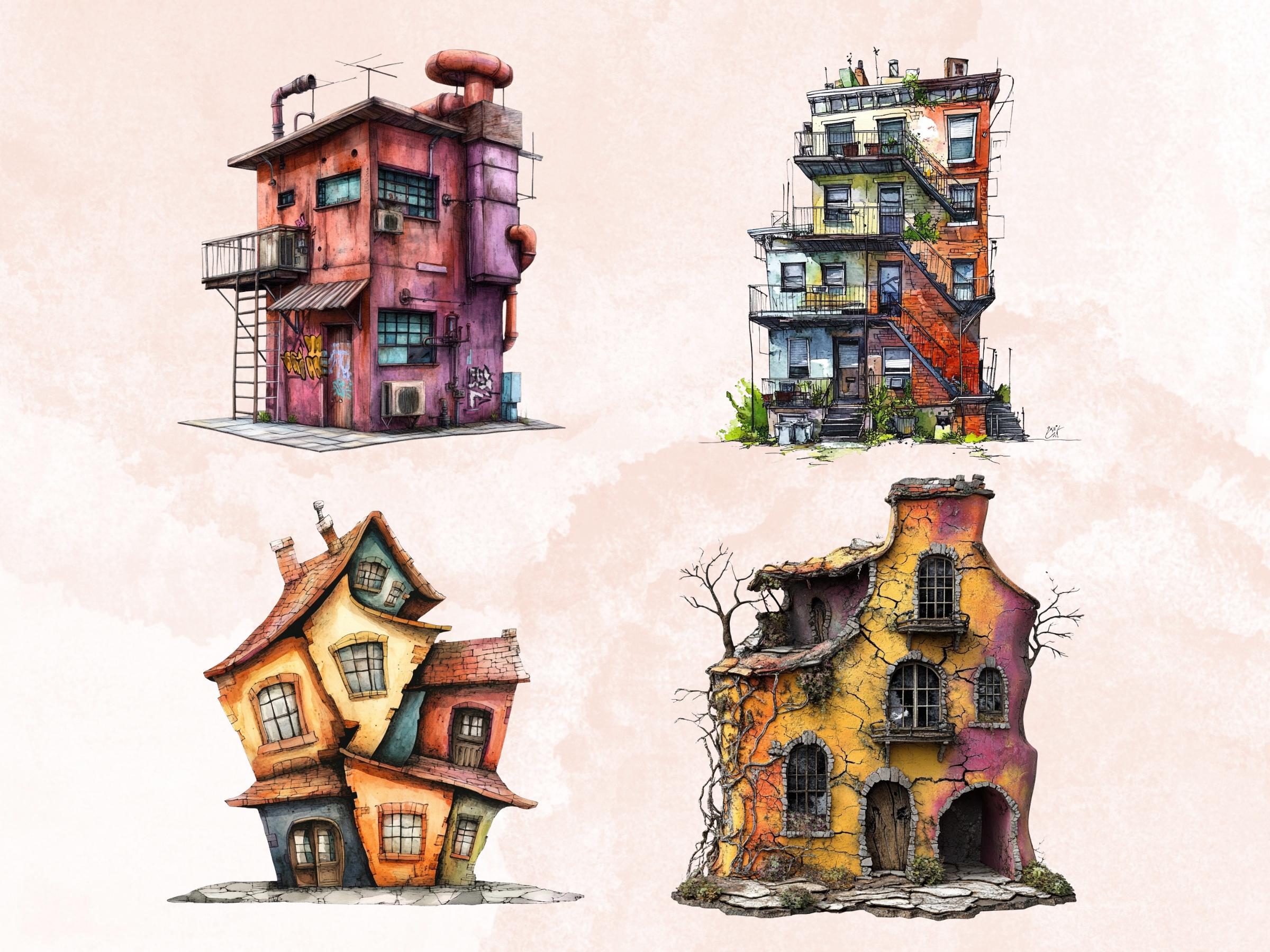 Grunge Houses Clipart | 40 Urban Distressed House PNG | Quirky Home Digital Download