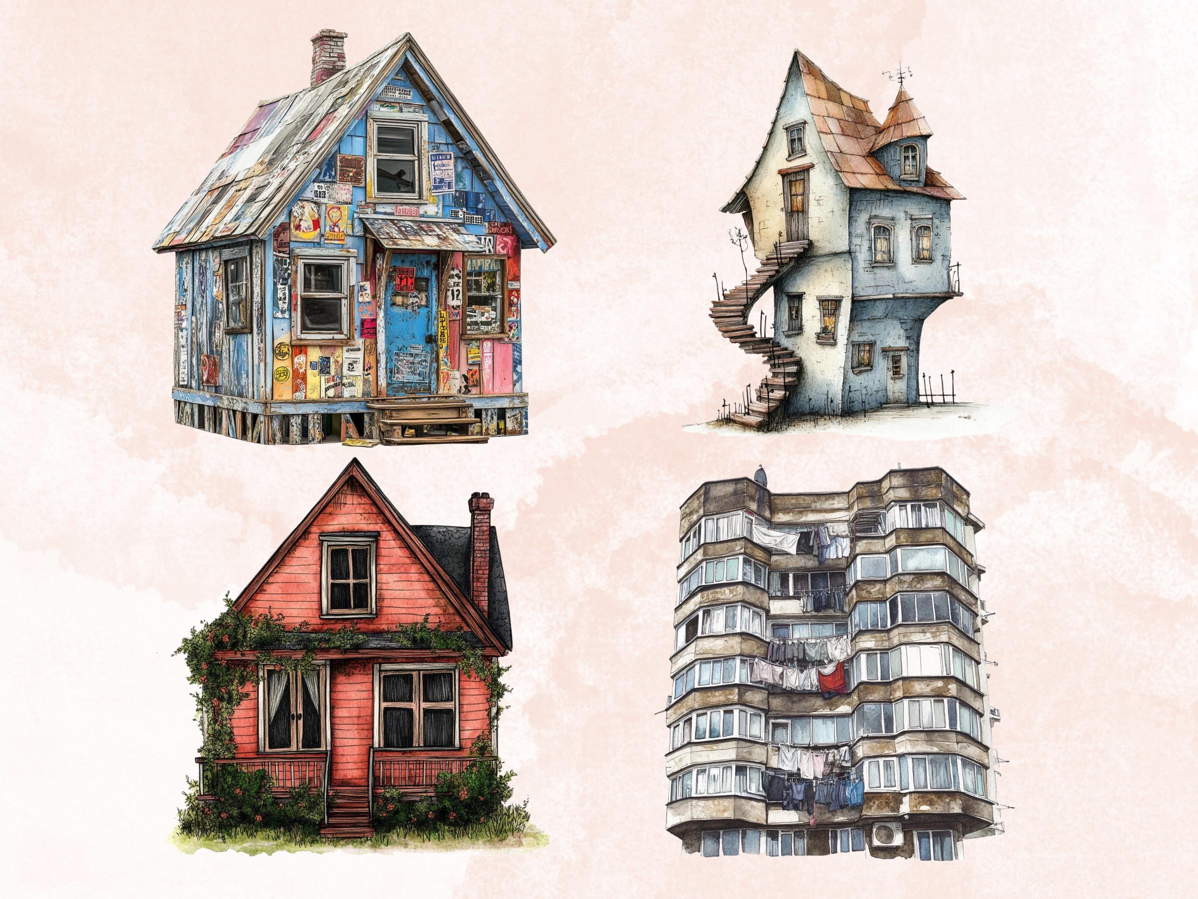Grunge Houses Clipart | 40 Urban Distressed House PNG | Quirky Home Digital Download