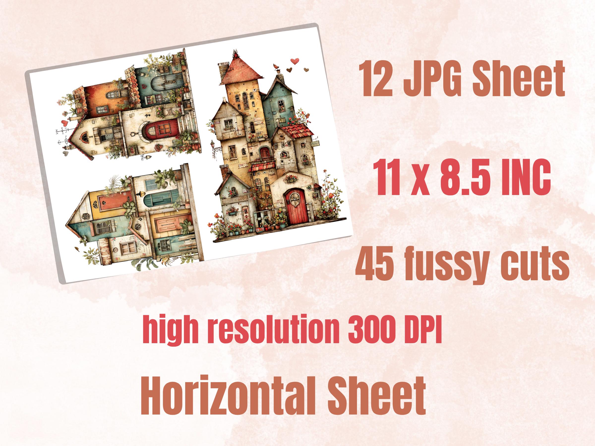 Whimsical Paper Houses Fussy Cut Bundle, 45 Cozy House Cutouts, Cottagecore Ephemera Junk Journal Scrapbook Sheets