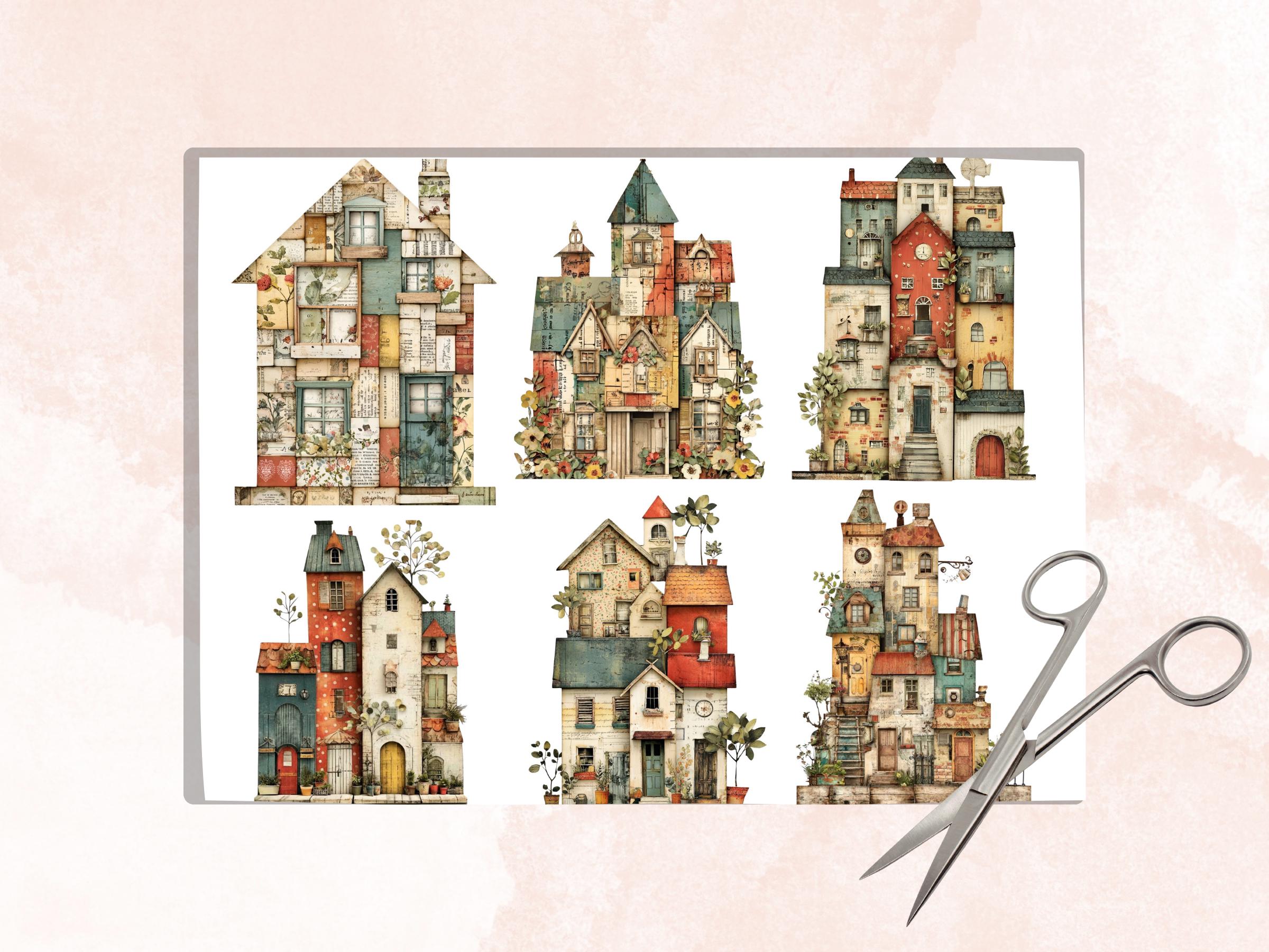 Whimsical Paper Houses Fussy Cut Bundle, 45 Cozy House Cutouts, Cottagecore Ephemera Junk Journal Scrapbook Sheets