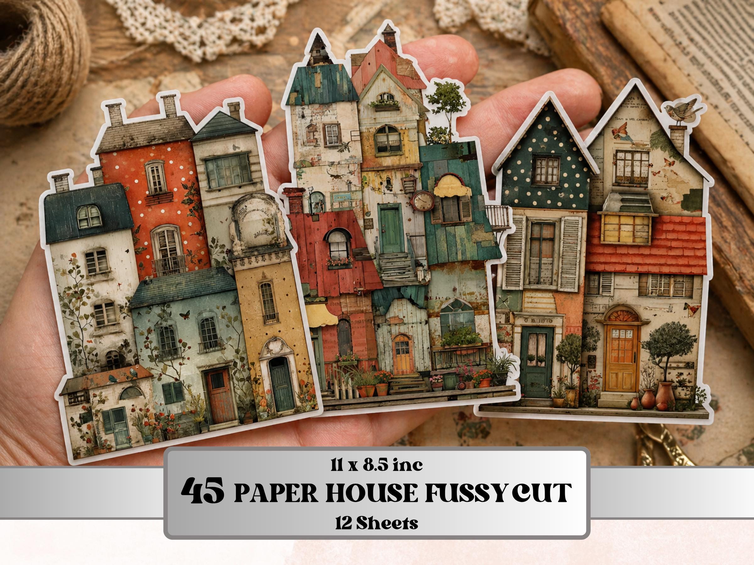 Whimsical Paper Houses Fussy Cut Bundle, 45 Cozy House Cutouts, Cottagecore Ephemera Junk Journal Scrapbook Sheets