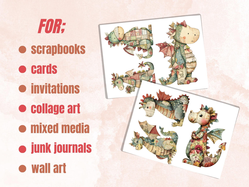 Whimsical Paper Dragons Fussy Cut Bundle, 45 Cute Dragon Cutouts, Fantasy Ephemera Junk Journal Scrapbook Sheets