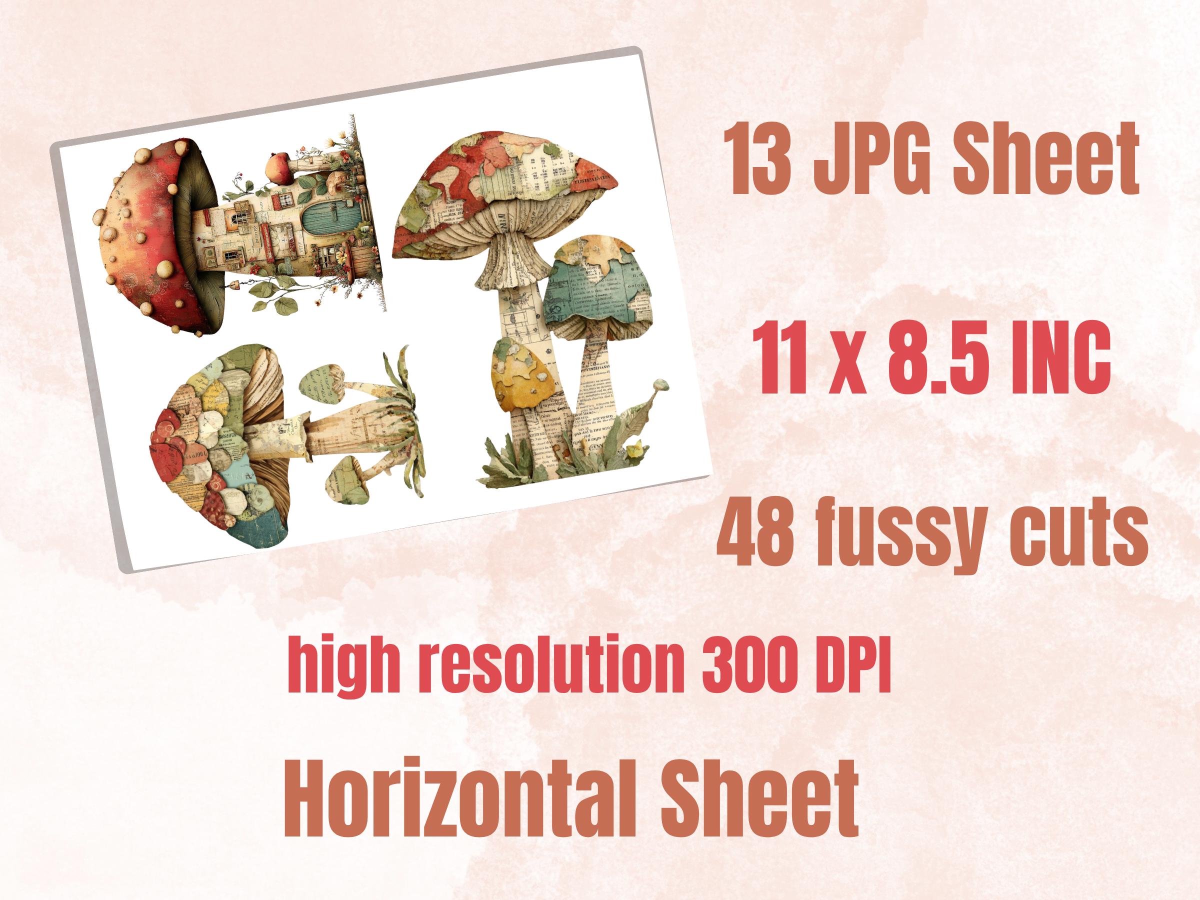 Whimsical Paper Mushrooms Fussy Cut Bundle, 48 Mushroom Cutouts, Cottagecore Ephemera Junk Journal Scrapbook Sheets