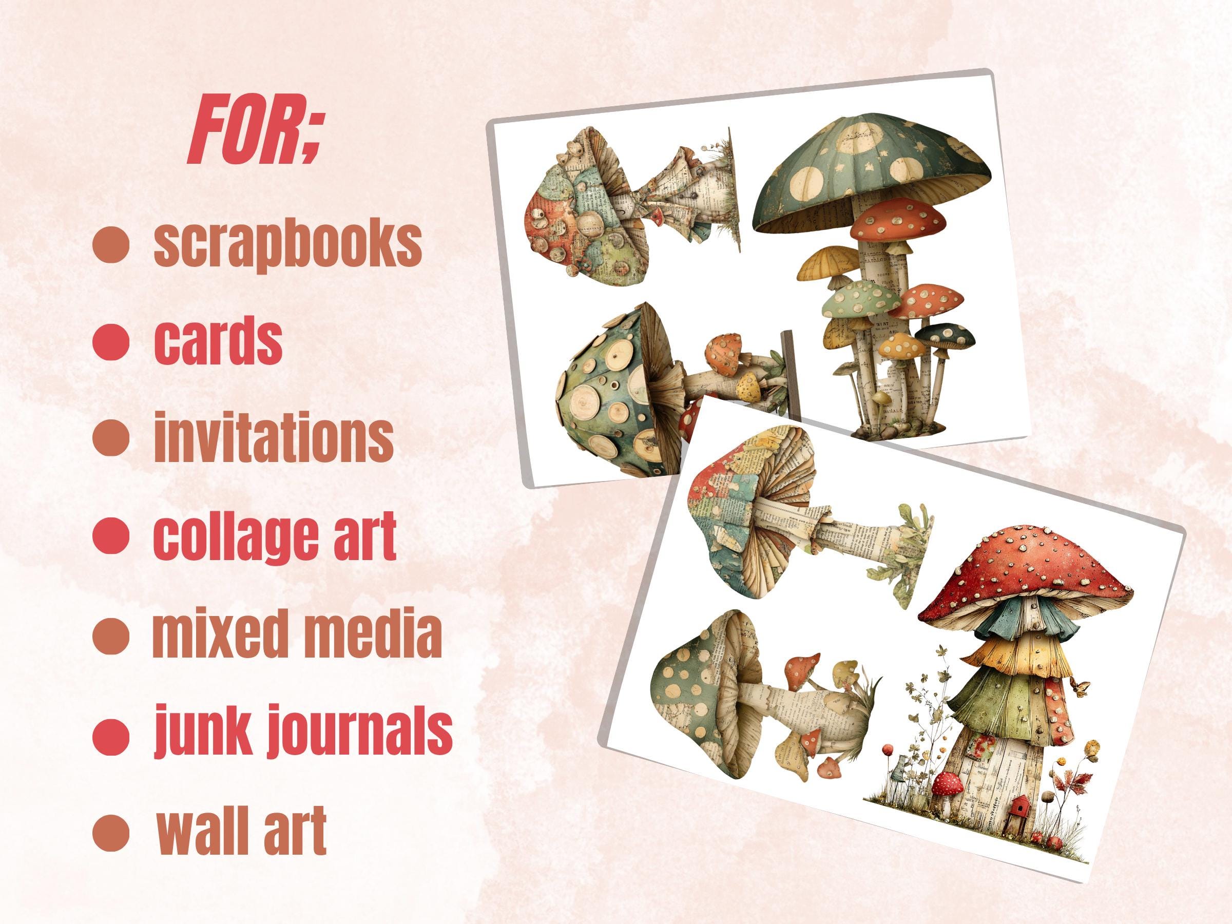Whimsical Paper Mushrooms Fussy Cut Bundle, 48 Mushroom Cutouts, Cottagecore Ephemera Junk Journal Scrapbook Sheets
