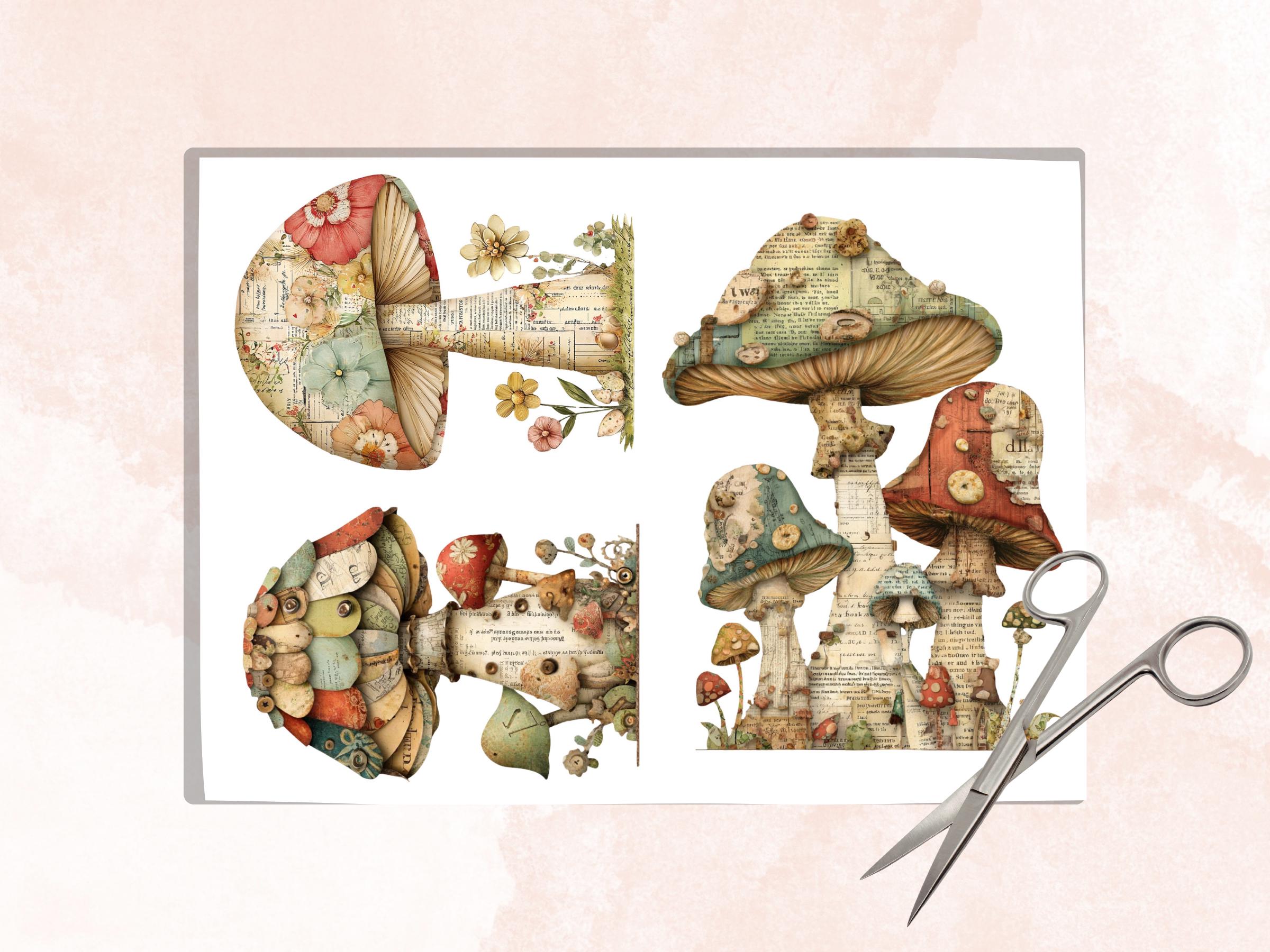 Whimsical Paper Mushrooms Fussy Cut Bundle, 48 Mushroom Cutouts, Cottagecore Ephemera Junk Journal Scrapbook Sheets