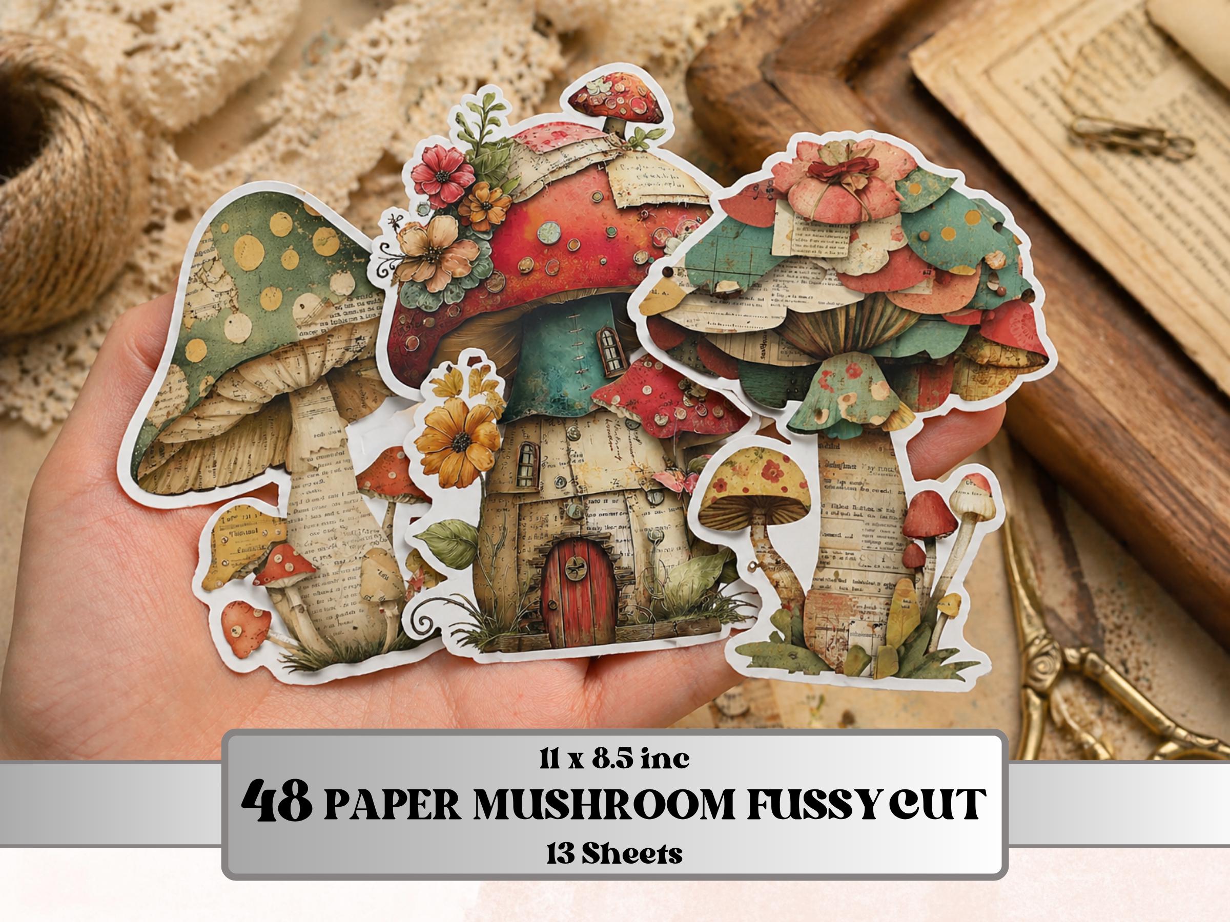 Whimsical Paper Mushrooms Fussy Cut Bundle, 48 Mushroom Cutouts, Cottagecore Ephemera Junk Journal Scrapbook Sheets
