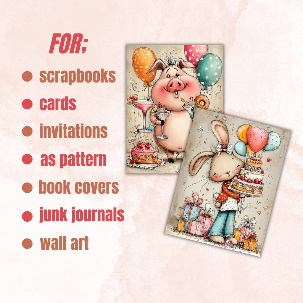 Birthday Cuties Digital Paper Pack | Quirky Whimsical Junk Journal Scrapbook (32 Sheets Letter Size)