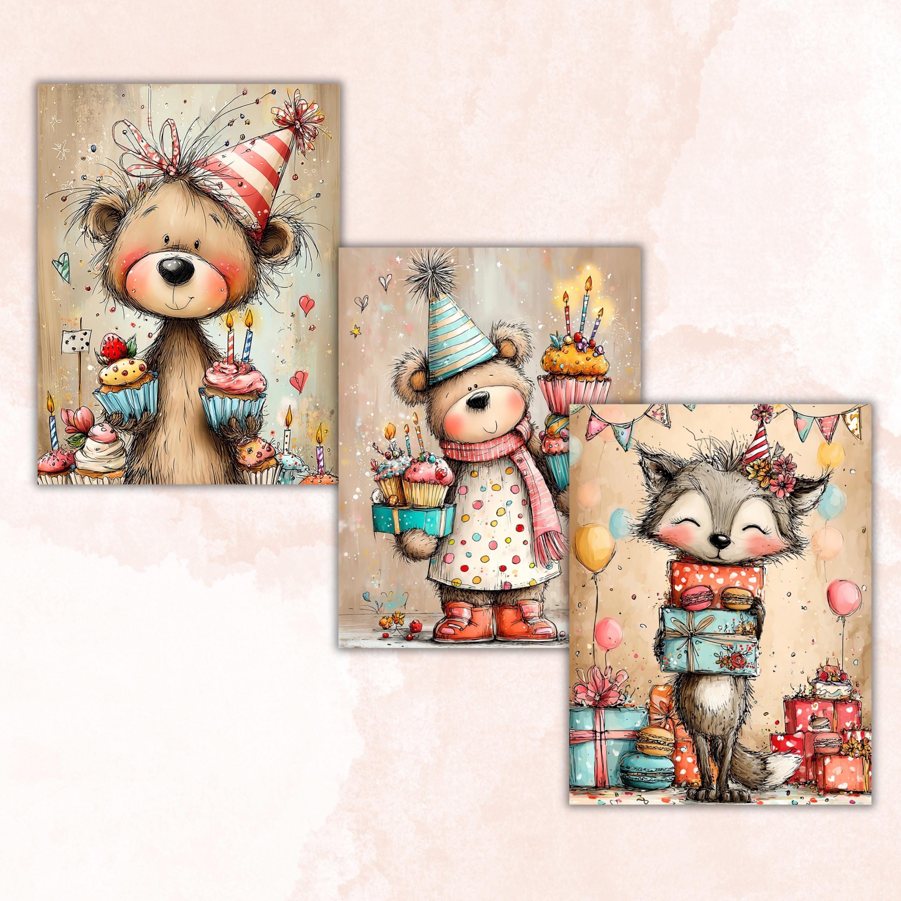 Birthday Cuties Digital Paper Pack | Quirky Whimsical Junk Journal Scrapbook (32 Sheets Letter Size)
