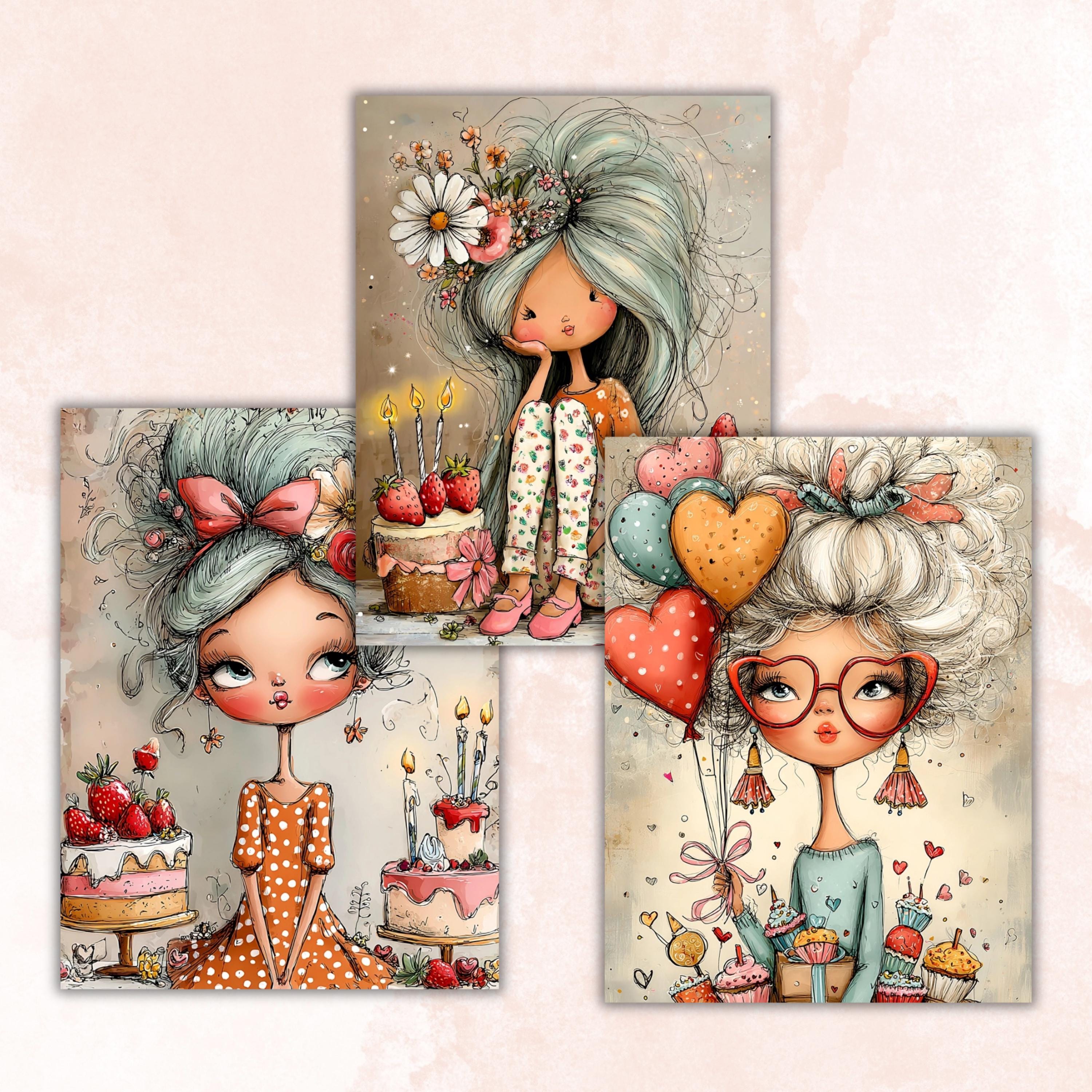 Birthday Girls Digital Paper Pack | Quirky Whimsical Junk Journal Scrapbook (32 Sheets Letter Size)