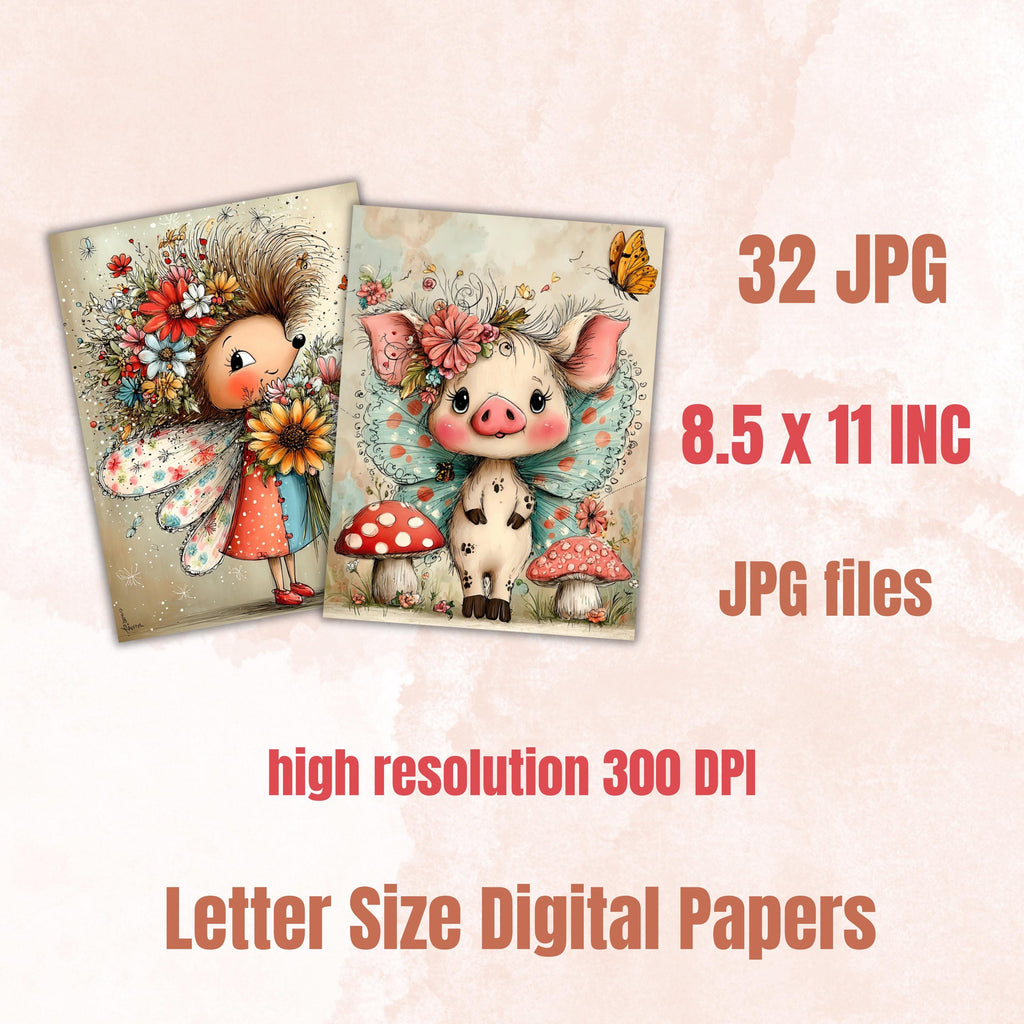 Fairy Animals Digital Paper Pack | Quirky Enchanted Wildlife Journal Scrapbook (32 Sheets, Instant Download)