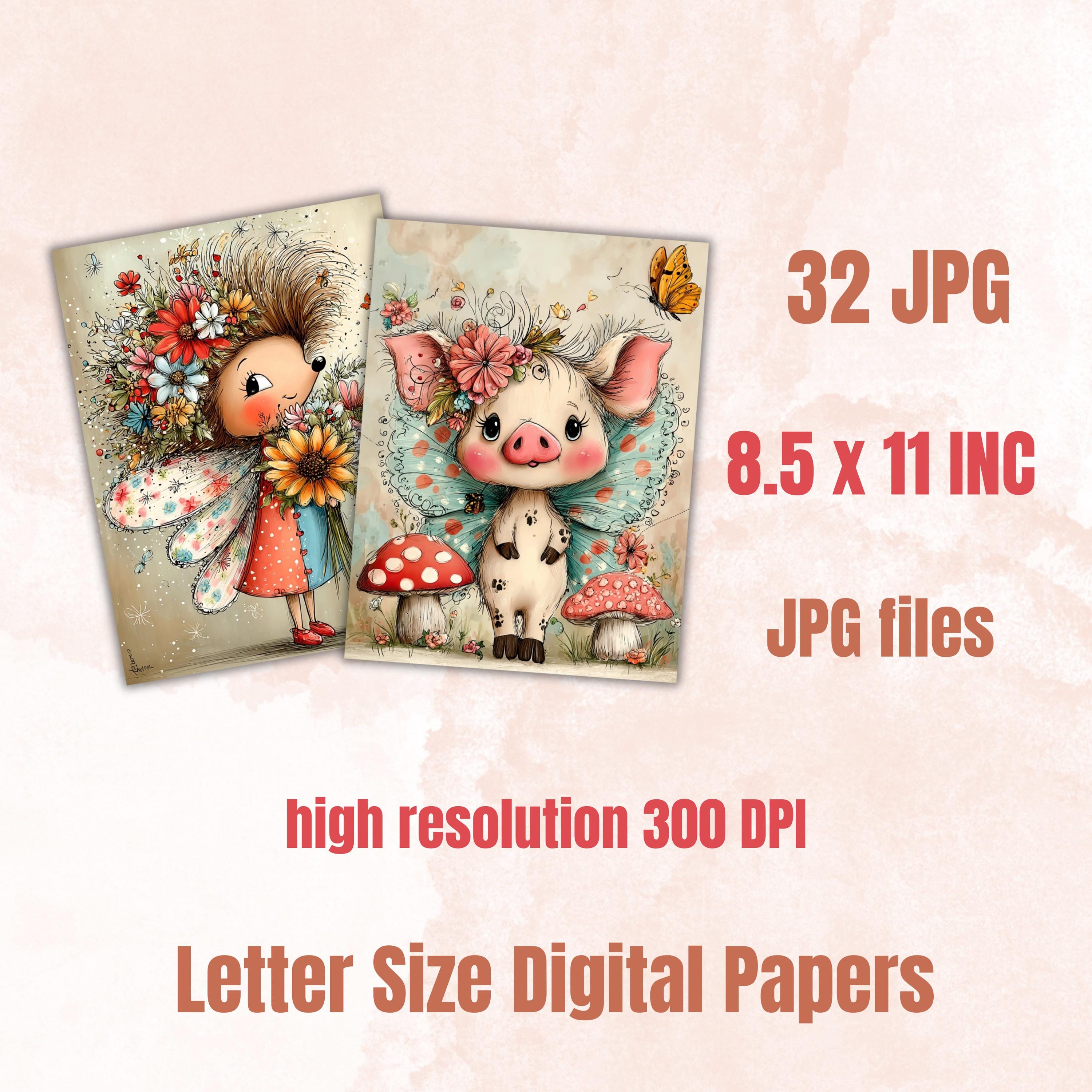 Fairy Animals Digital Paper Pack | Quirky Enchanted Wildlife Journal Scrapbook (32 Sheets, Instant Download)