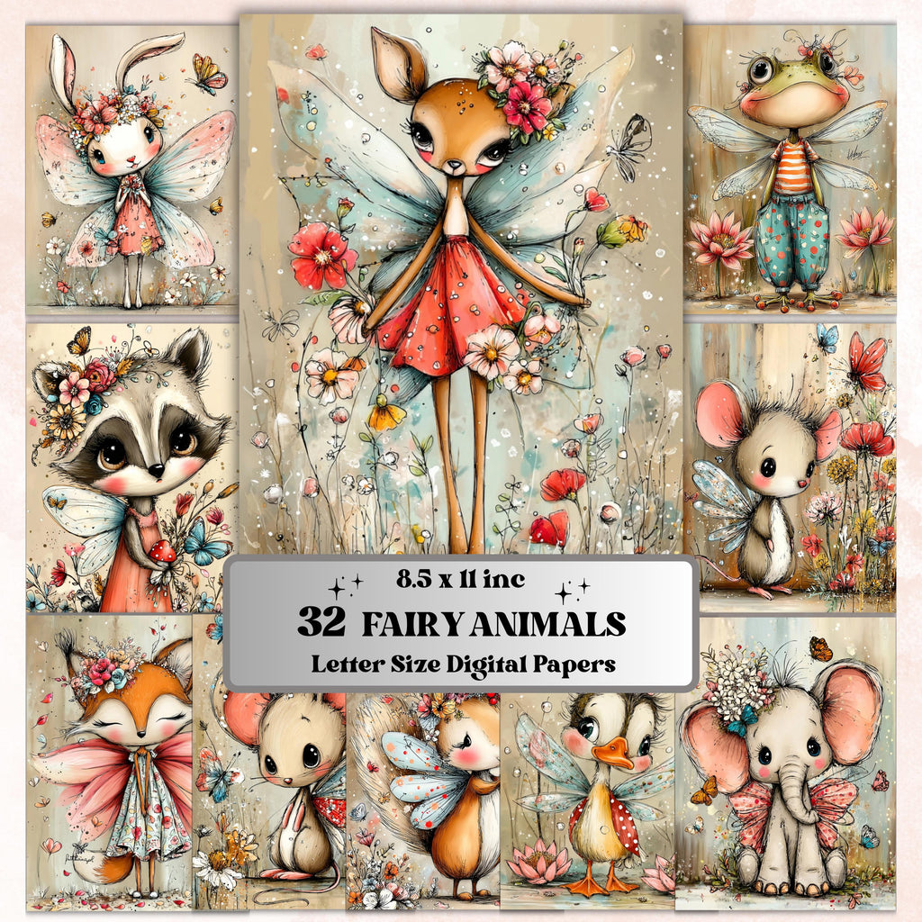 Fairy Animals Digital Paper Pack | Quirky Enchanted Wildlife Journal Scrapbook (32 Sheets, Instant Download)