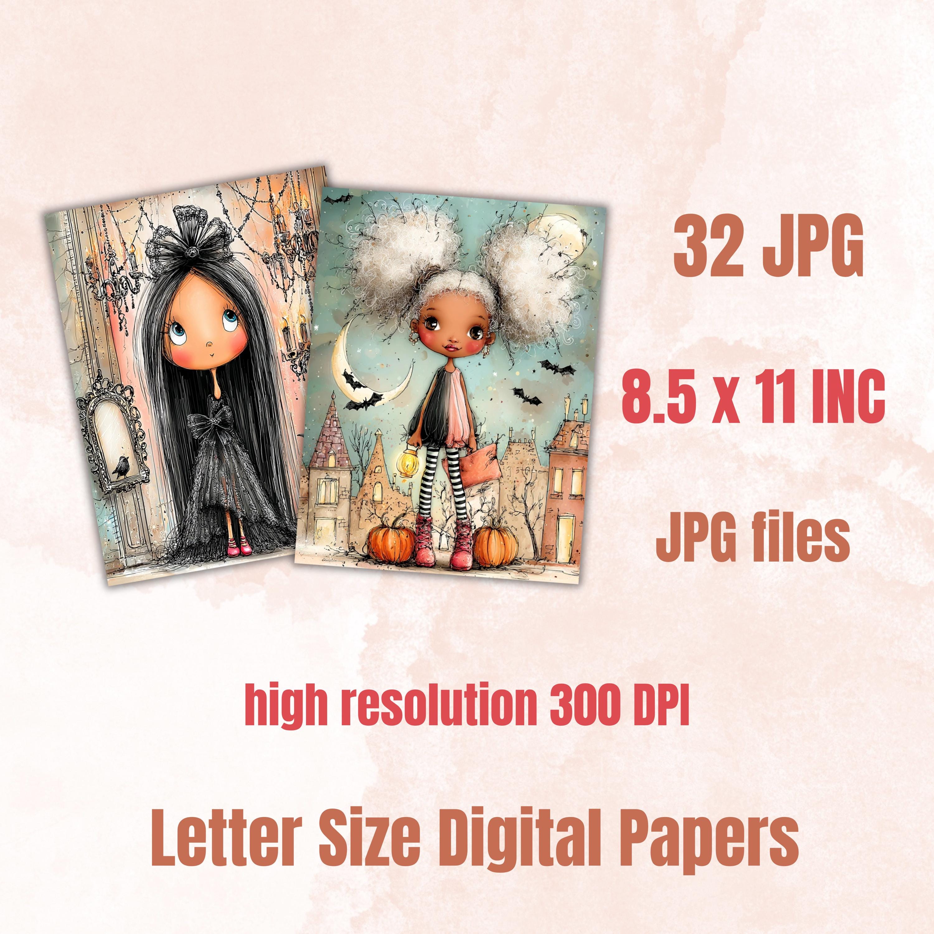 Spooky Girls Digital Paper Pack | Quirky Halloween Women Junk Journal Scrapbook (32 Sheets, Letter Size)