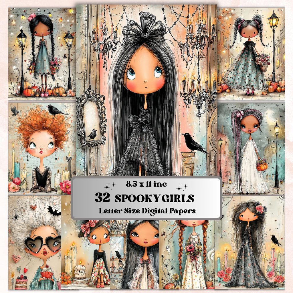 Spooky Girls Digital Paper Pack | Quirky Halloween Women Junk Journal Scrapbook (32 Sheets, Letter Size)