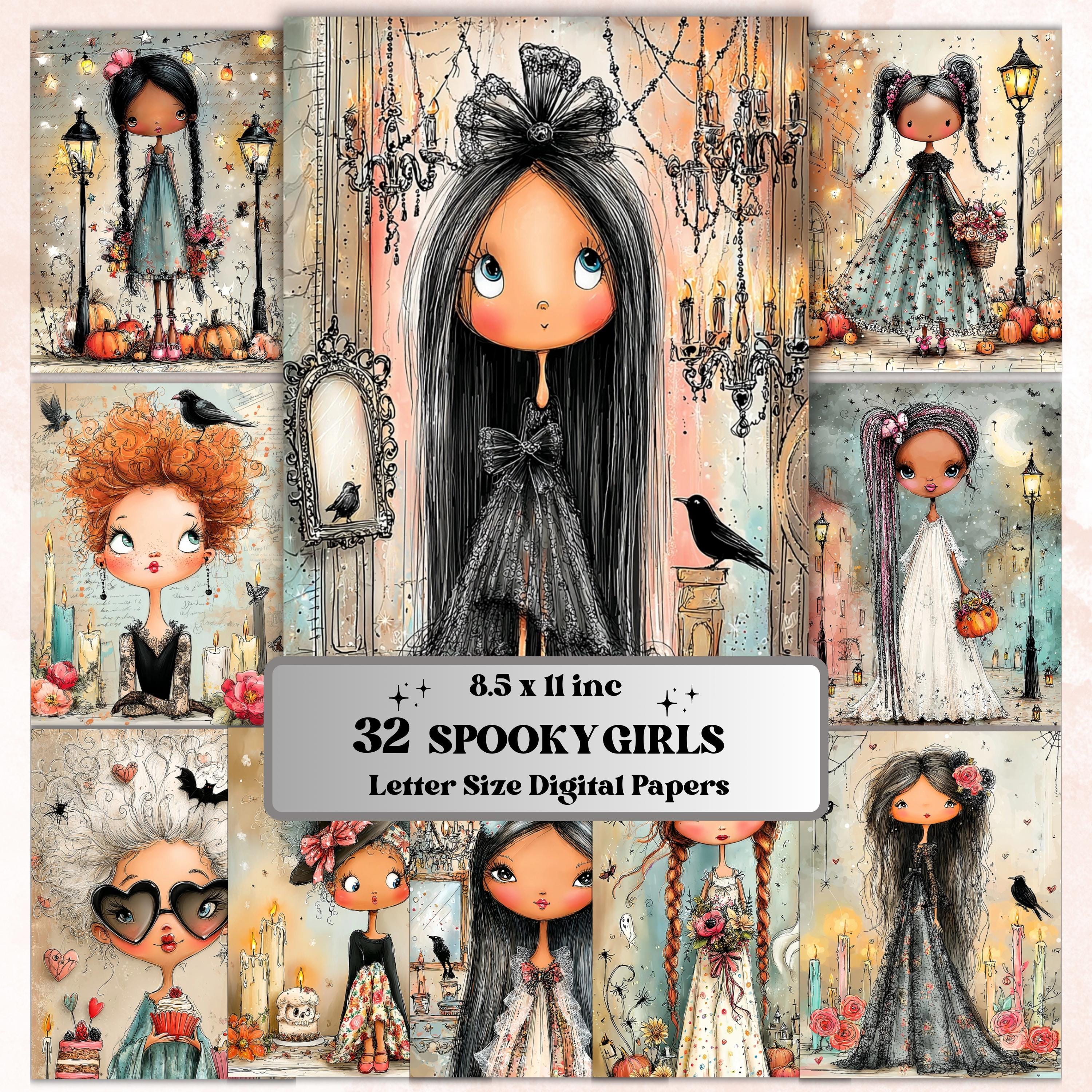 Spooky Girls Digital Paper Pack | Quirky Halloween Women Junk Journal Scrapbook (32 Sheets, Letter Size)