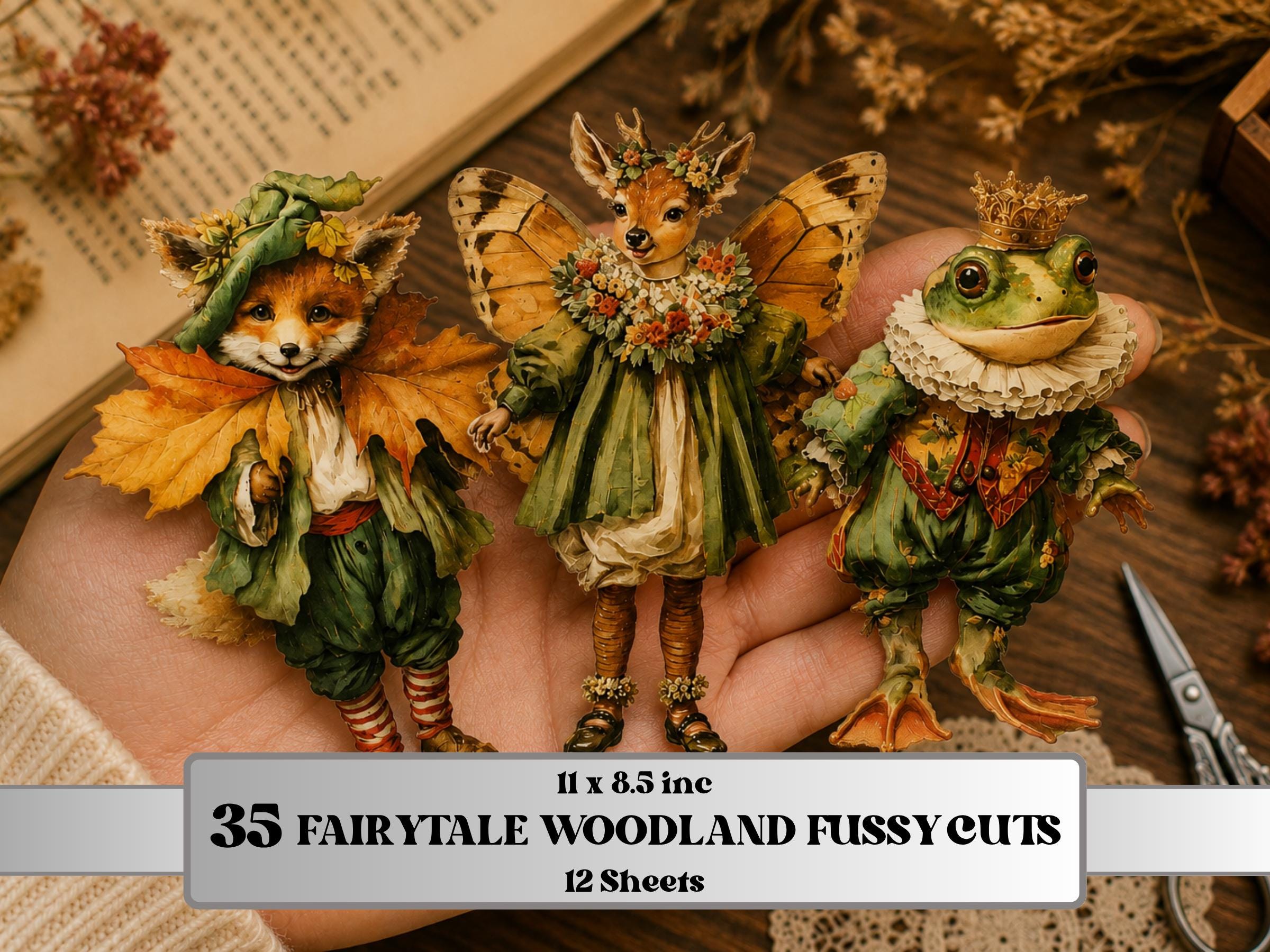 Fairytale Woodland Fussy Cuts Printable, 35 Quirky Forest Animals Cutouts, Cottagecore Ephemera Junk Journal Scrapbook Sheets