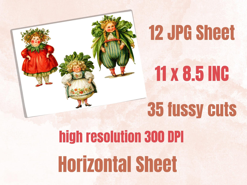 Vegetable Women Fussy Cut Printable, 35 Whimsical Veggie Girl Cutouts, Quirky Ephemera Junk Journal Scrapbook Sheets