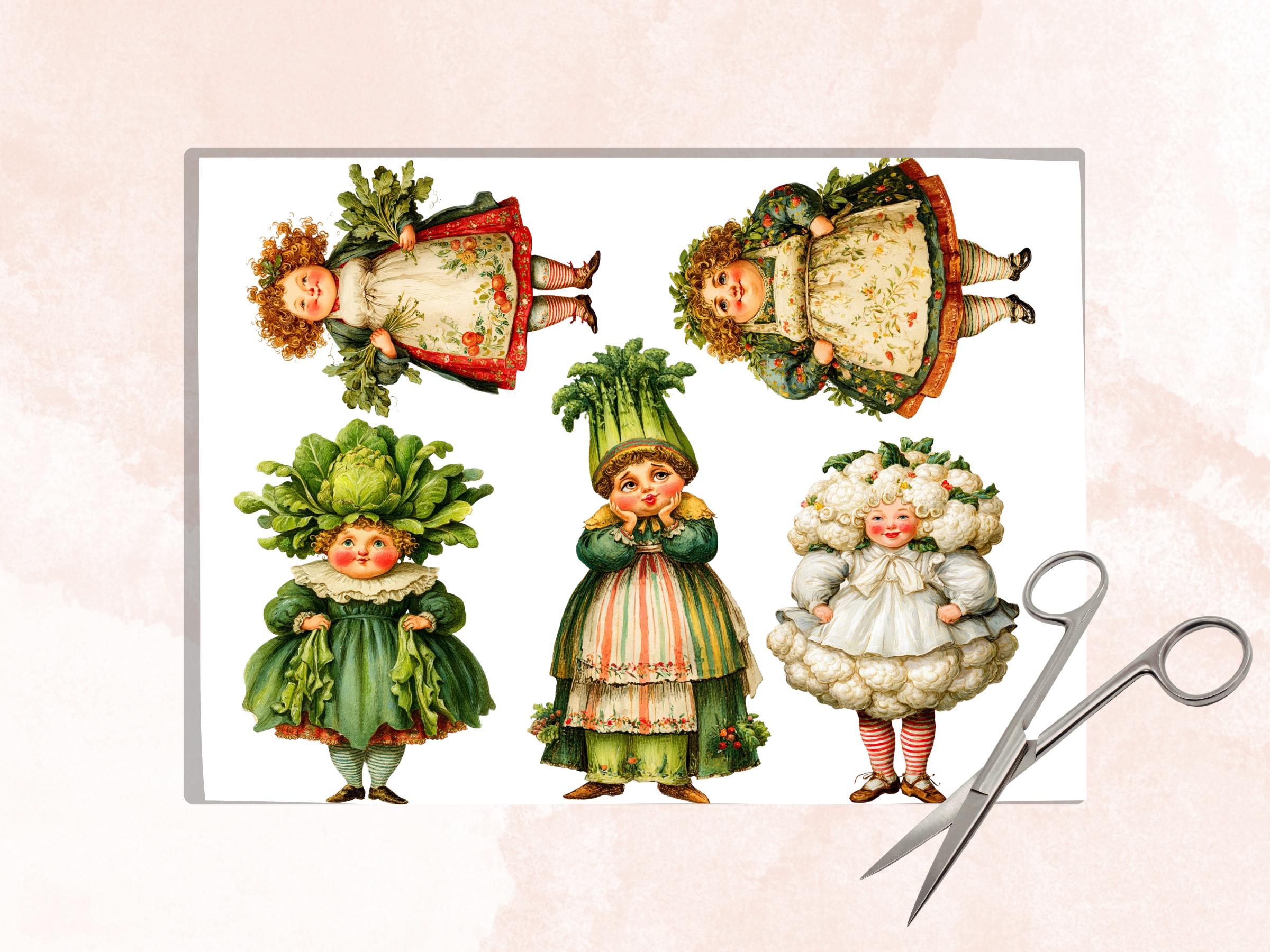 Vegetable Women Fussy Cut Printable, 35 Whimsical Veggie Girl Cutouts, Quirky Ephemera Junk Journal Scrapbook Sheets