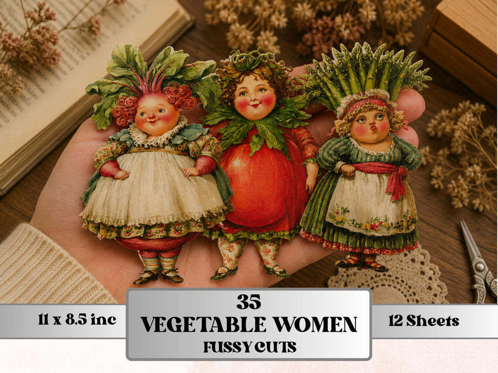 Vegetable Women Fussy Cut Printable, 35 Whimsical Veggie Girl Cutouts, Quirky Ephemera Junk Journal Scrapbook Sheets
