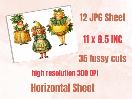 Fruit Women Fussy Cut Printable, 35 Whimsical Fruit Girl Cutouts, Quirky Ephemera Junk Journal Scrapbook Sheets