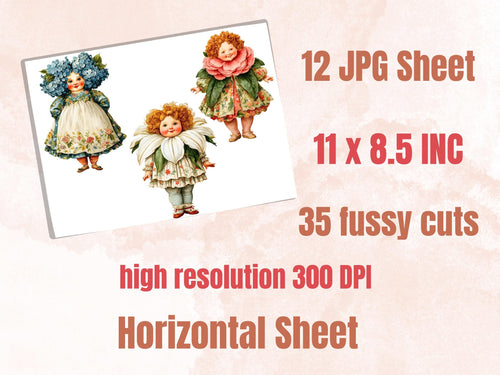 Flower Women Fussy Cut Printable, 35 Whimsical Floral Girl Cutouts, Botanical Ephemera Junk Journal Scrapbook Sheets