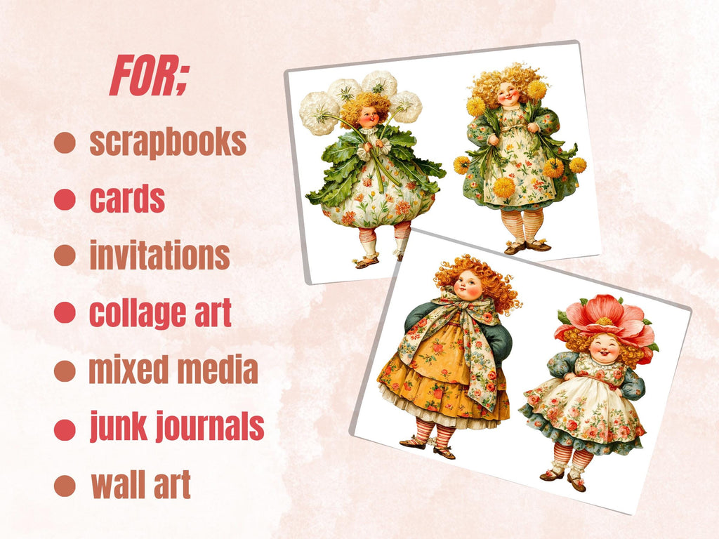 Flower Women Fussy Cut Printable, 35 Whimsical Floral Girl Cutouts, Botanical Ephemera Junk Journal Scrapbook Sheets
