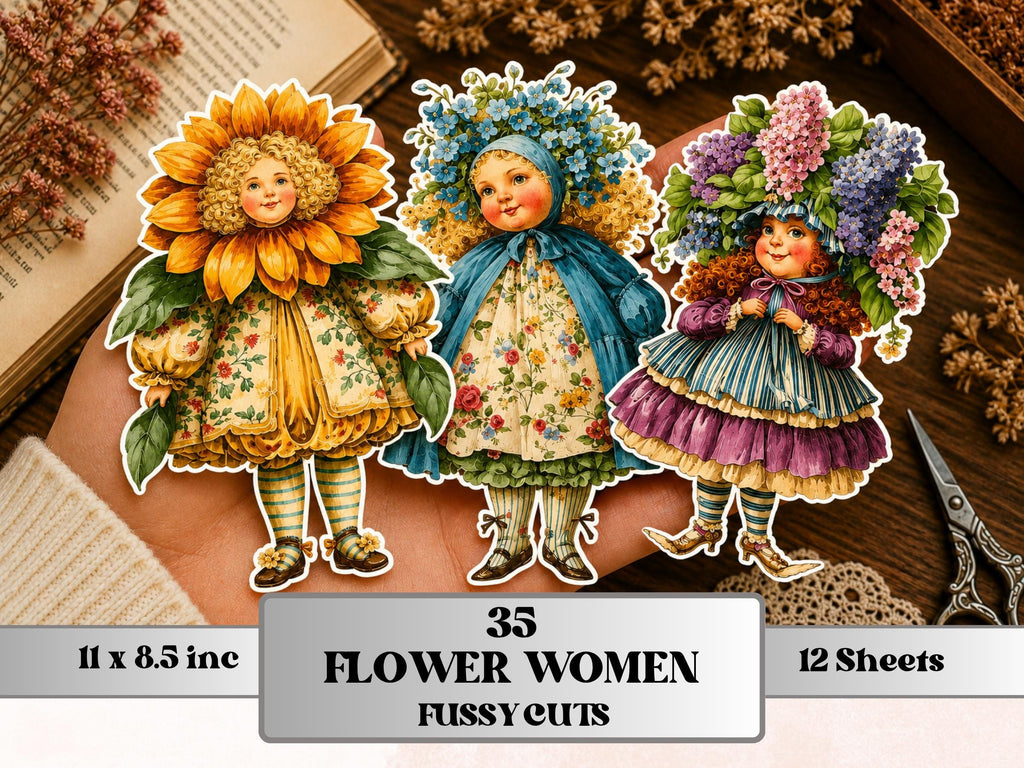Flower Women Fussy Cut Printable, 35 Whimsical Floral Girl Cutouts, Botanical Ephemera Junk Journal Scrapbook Sheets