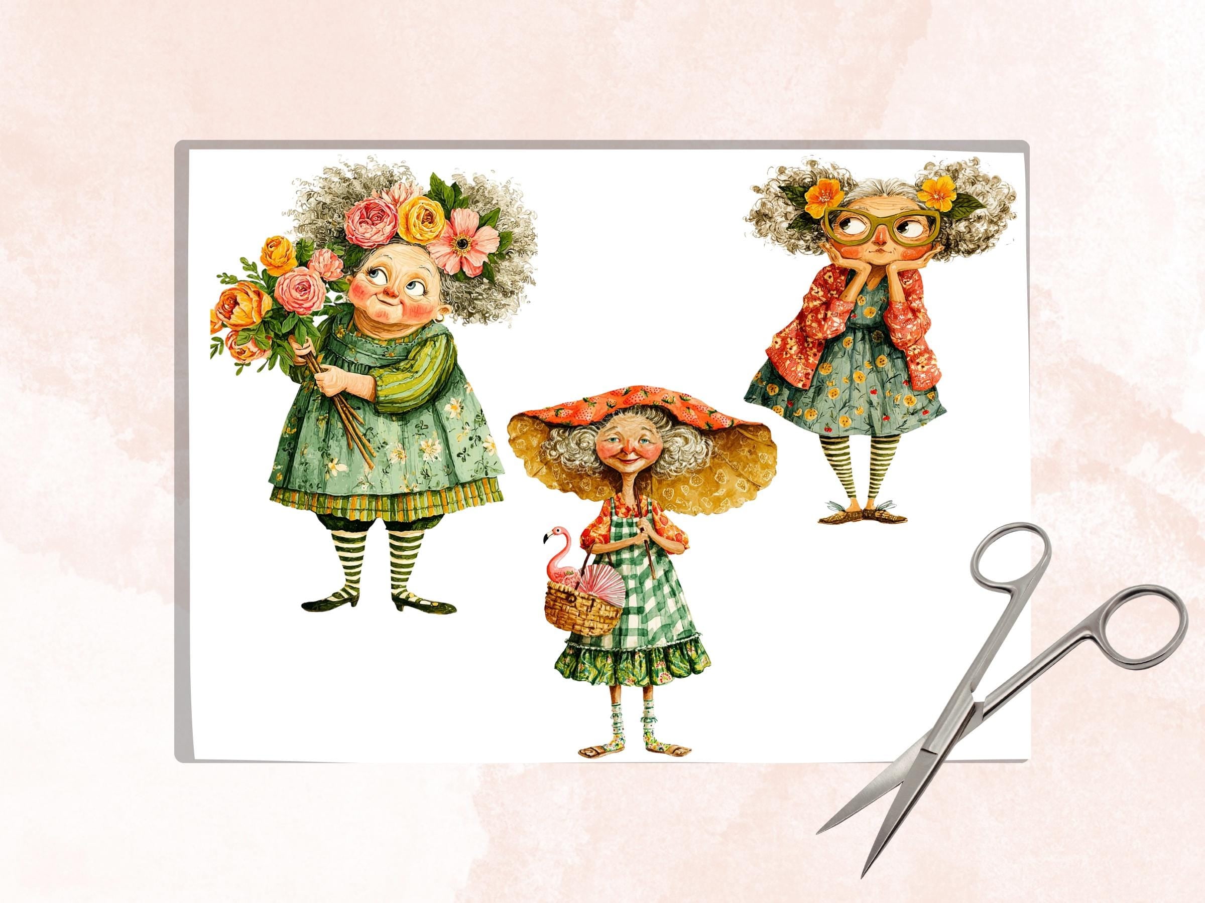 Summer Grandmas Fussy Cut Printable, 35 Whimsical Grandma Cutouts, Beach Ephemera Junk Journal Scrapbook Sheets