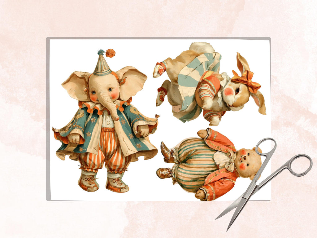 Circus Cuties Fussy Cut Printable, 35 Whimsical Circus Animals Cutouts, Carnival Ephemera Junk Journal Scrapbook Sheets