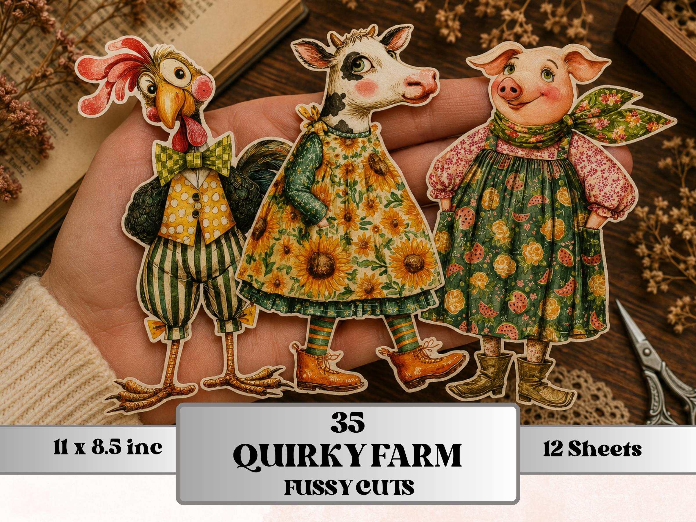 Quirky Farm Fussy Cut Printable, 35 Whimsical Farm Animals Cutouts, Country Ephemera Junk Journal Scrapbook Sheets