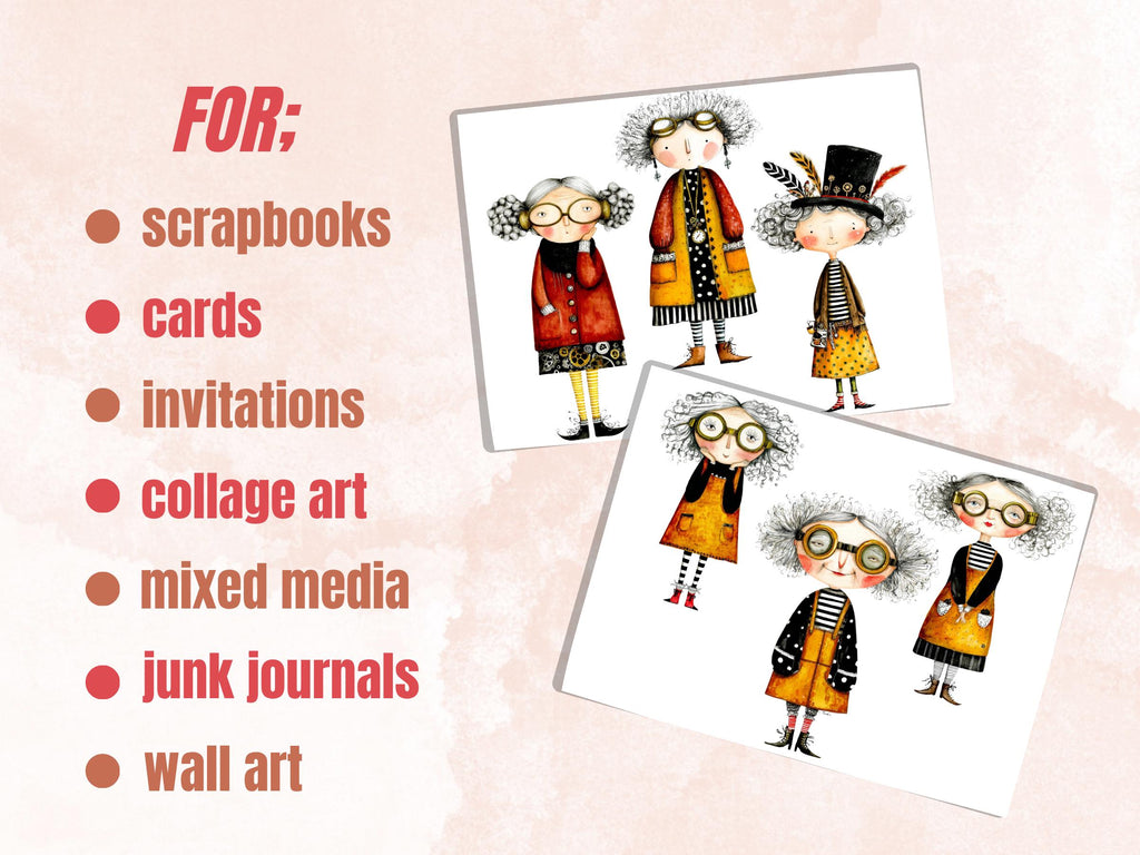 Steampunk Grandmas Fussy Cut Printable, 35 Whimsical Vintage Grandma Cutouts, Gothic Ephemera Junk Journal Scrapbook Sheets